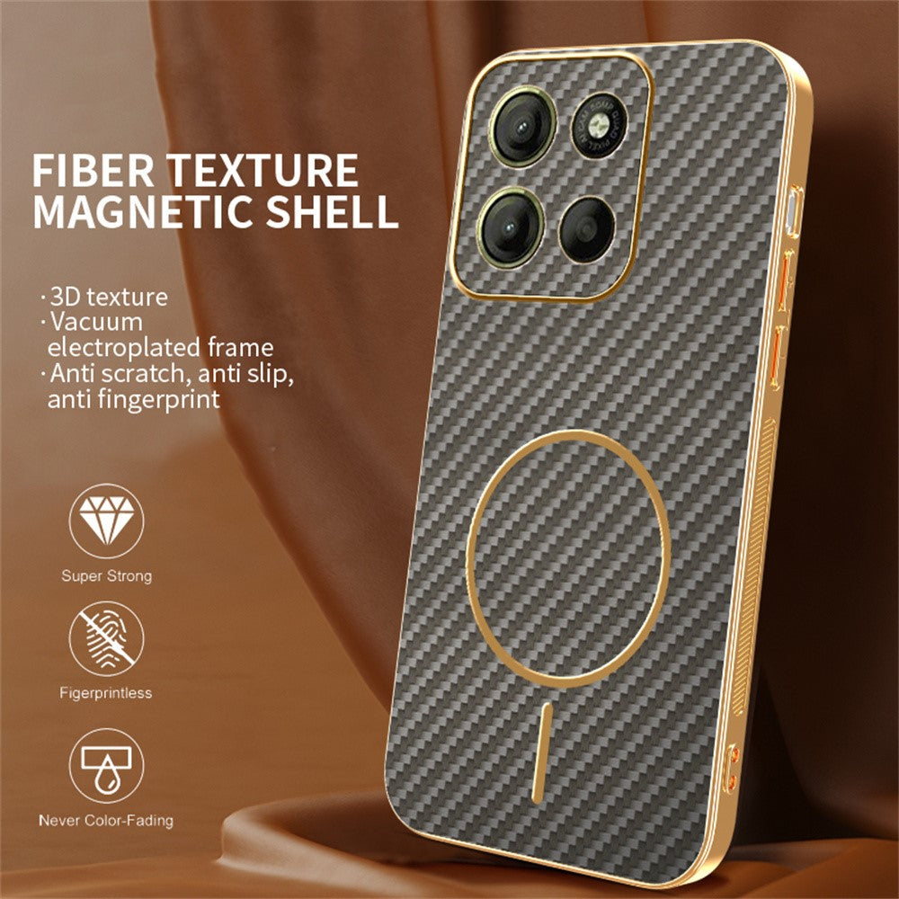 For-Motorola-Moto-G15-4G-/-G15-Power-4G-Phone-Case-Carbon-Fiber-Textured-Electroplated-TPU-Back-Cover-Coffee