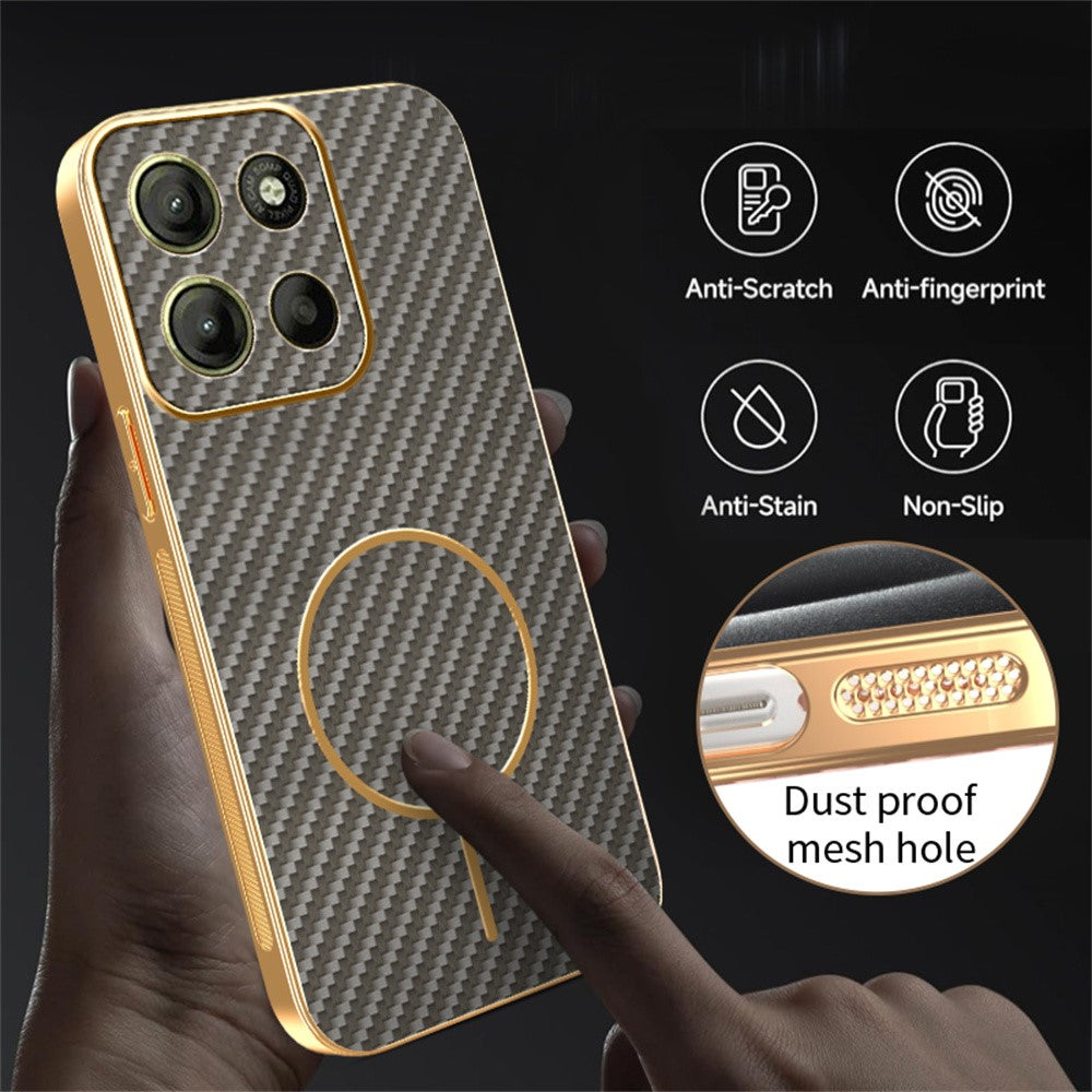 For-Motorola-Moto-G15-4G-/-G15-Power-4G-Phone-Case-Carbon-Fiber-Textured-Electroplated-TPU-Back-Cover-Coffee