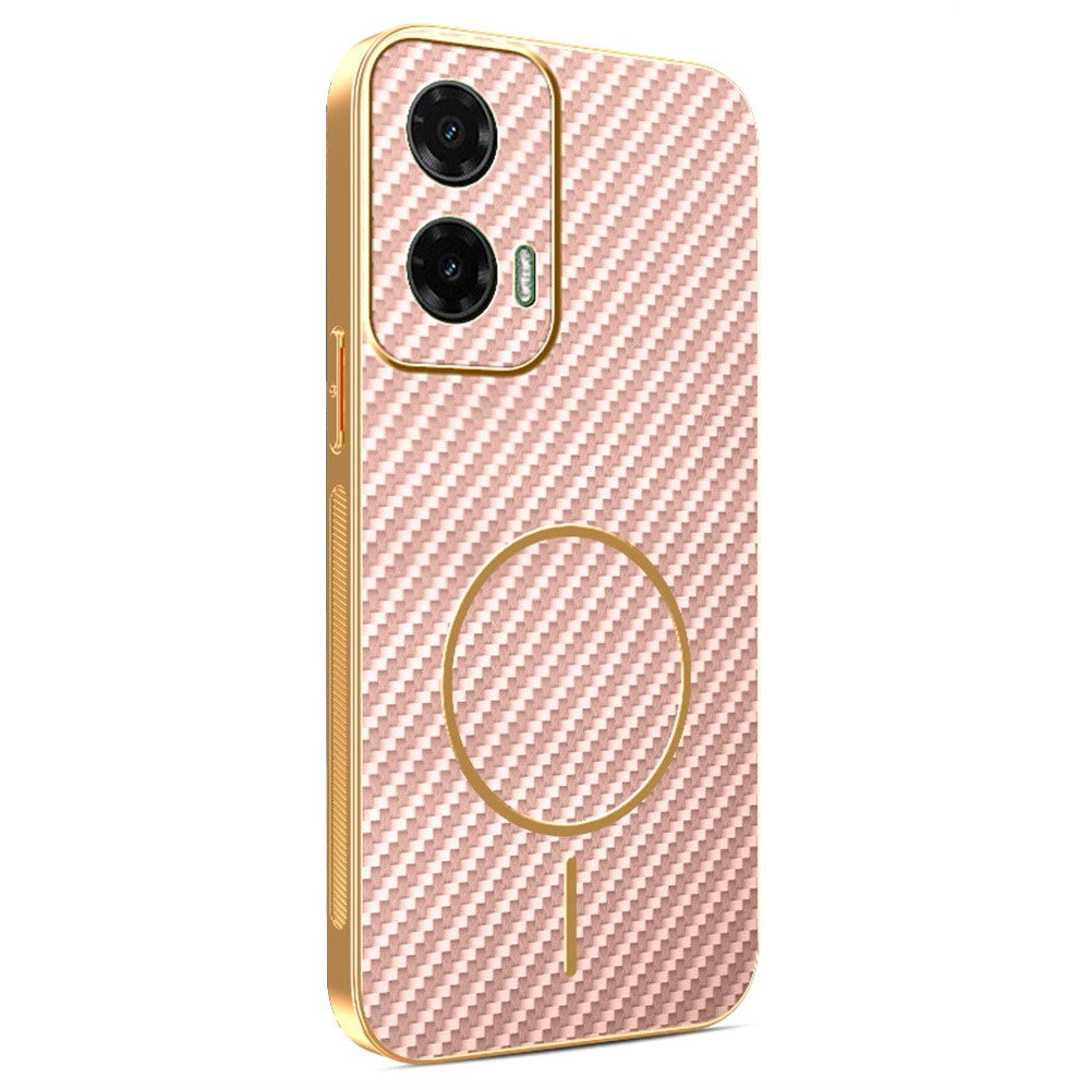 For-Motorola-Moto-G35-5G-Phone-Case-Carbon-Fiber-Textured-Electroplated-TPU-Back-Cover-Pink