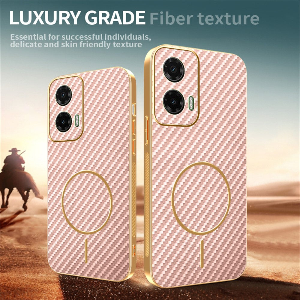 For-Motorola-Moto-G35-5G-Phone-Case-Carbon-Fiber-Textured-Electroplated-TPU-Back-Cover-Pink