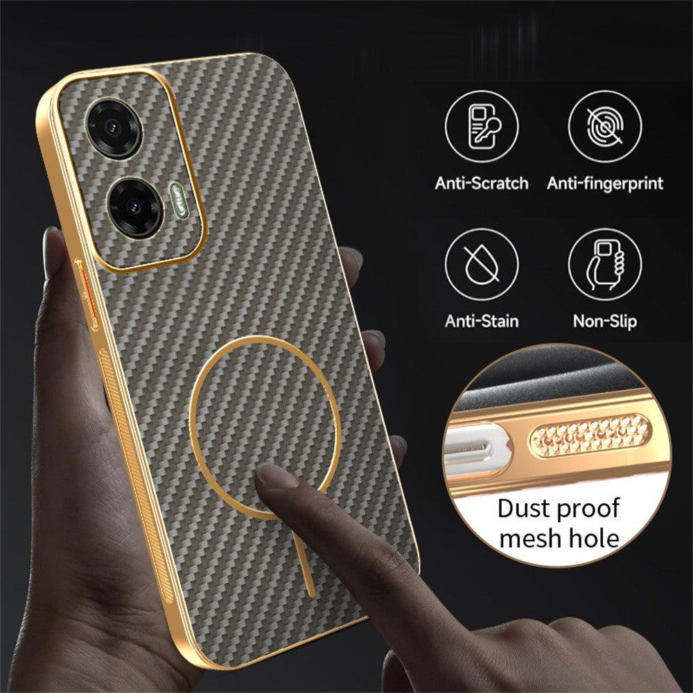 For-Motorola-Moto-G35-5G-Phone-Case-Carbon-Fiber-Textured-Electroplated-TPU-Back-Cover-Coffee
