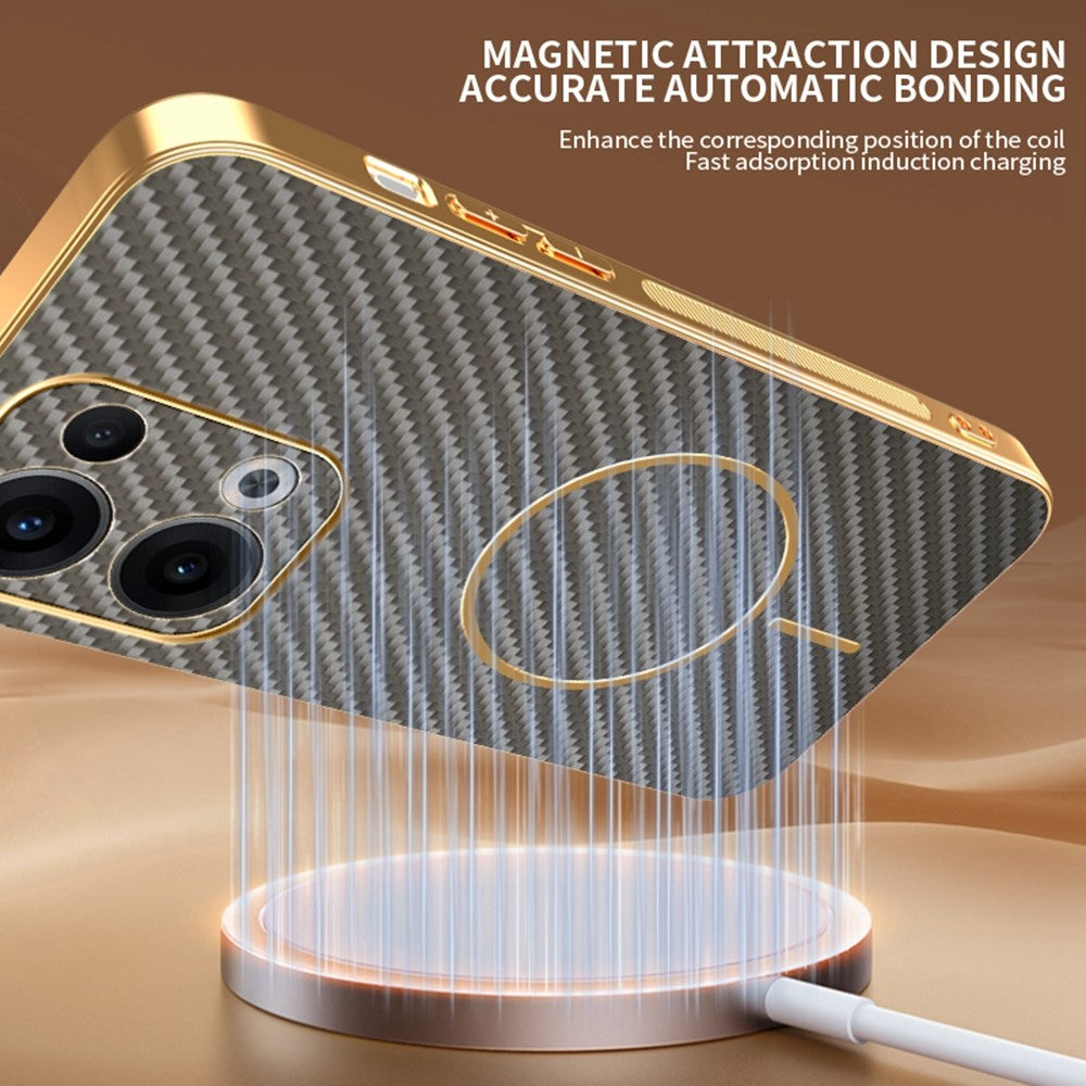 For-Oppo-Reno13-5G-(Global)-Phone-Case-Carbon-Fiber-Textured-Electroplated-TPU-Back-Cover-Coffee