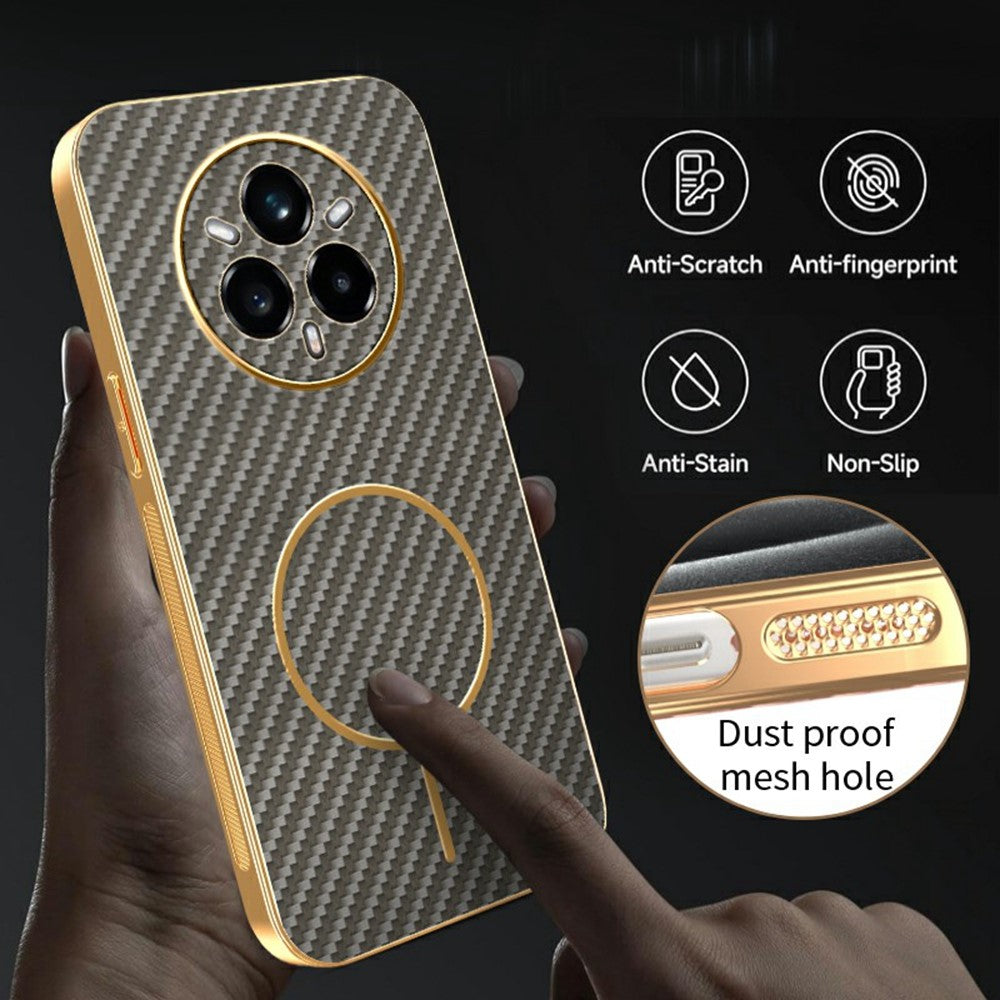 For-Realme-14-Pro+-5G-Phone-Case-Carbon-Fiber-Textured-Electroplated-TPU-Back-Cover-Coffee