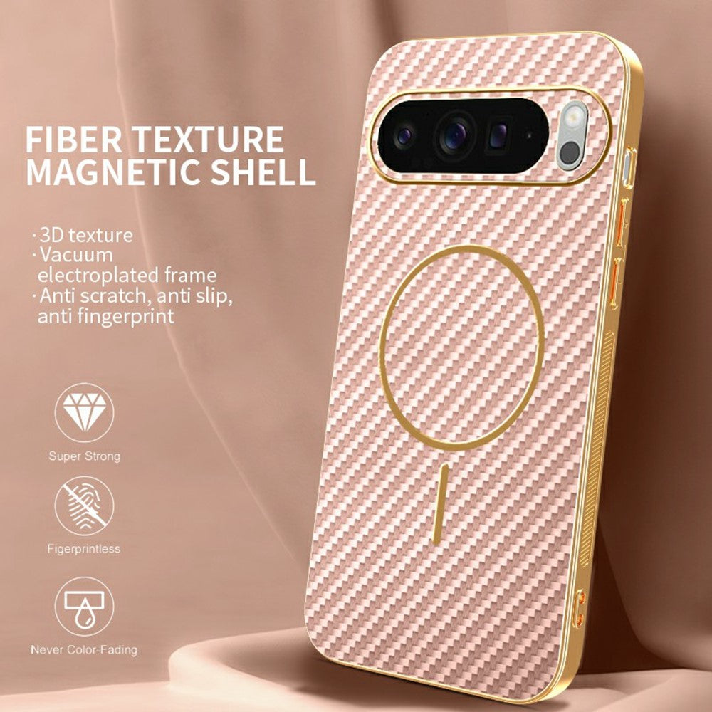 For-Google-Pixel-10-Pro-XL-Phone-Case-Carbon-Fiber-Textured-Electroplated-TPU-Back-Cover-Pink