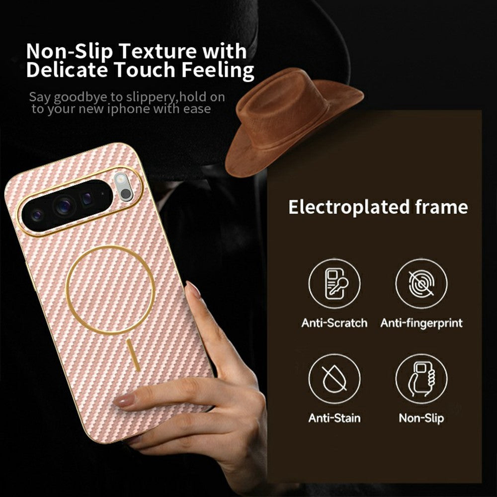 For-Google-Pixel-10-Pro-XL-Phone-Case-Carbon-Fiber-Textured-Electroplated-TPU-Back-Cover-Pink