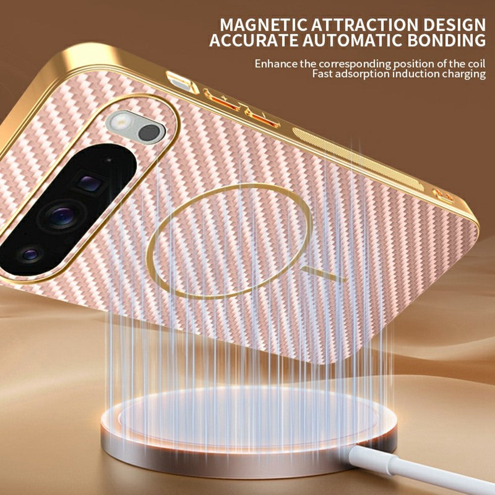 For-Google-Pixel-10-Pro-XL-Phone-Case-Carbon-Fiber-Textured-Electroplated-TPU-Back-Cover-Pink