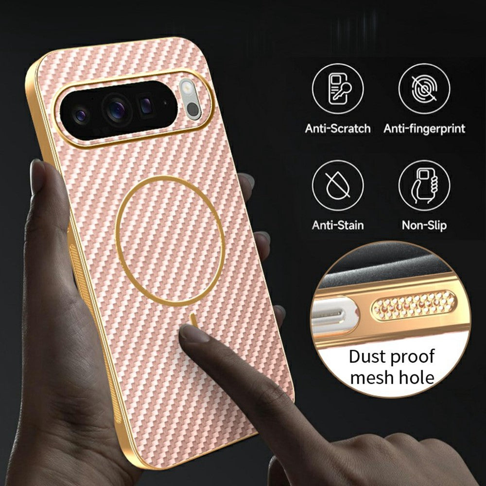 For-Google-Pixel-10-Pro-XL-Phone-Case-Carbon-Fiber-Textured-Electroplated-TPU-Back-Cover-Pink