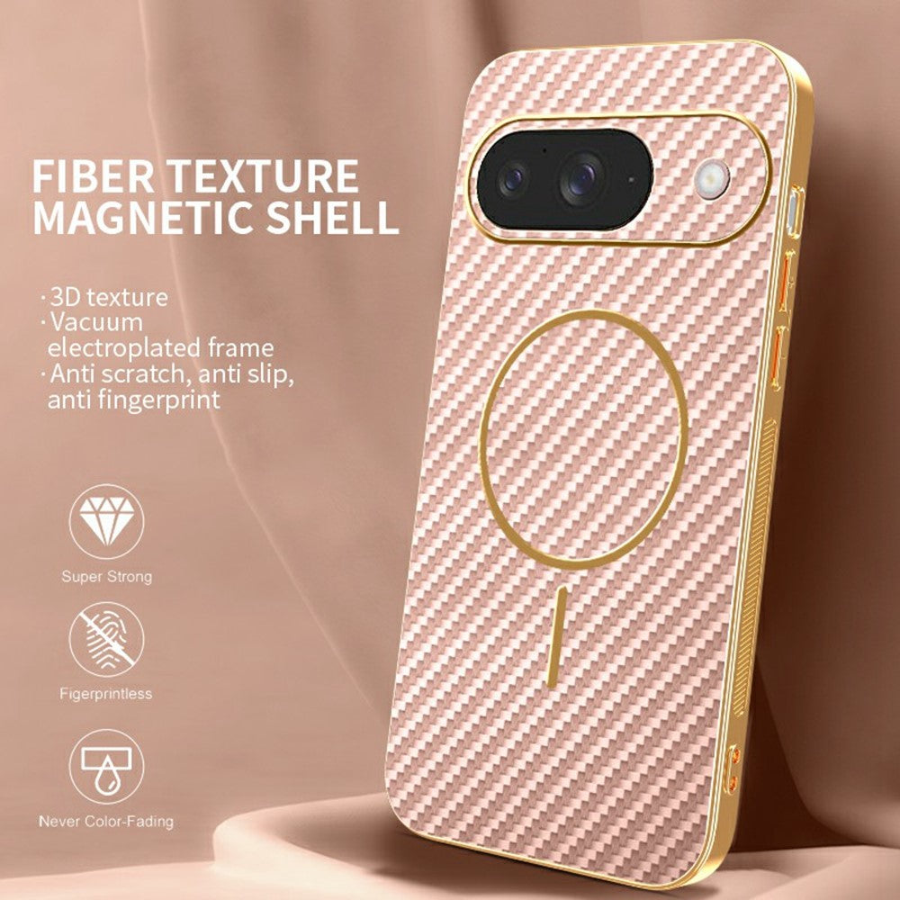 For-Google-Pixel-9-Phone-Case-Carbon-Fiber-Textured-Electroplated-TPU-Back-Cover-Rose-Gold