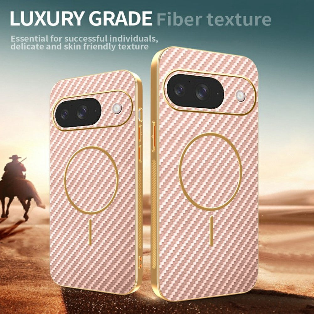 For-Google-Pixel-9-Phone-Case-Carbon-Fiber-Textured-Electroplated-TPU-Back-Cover-Rose-Gold