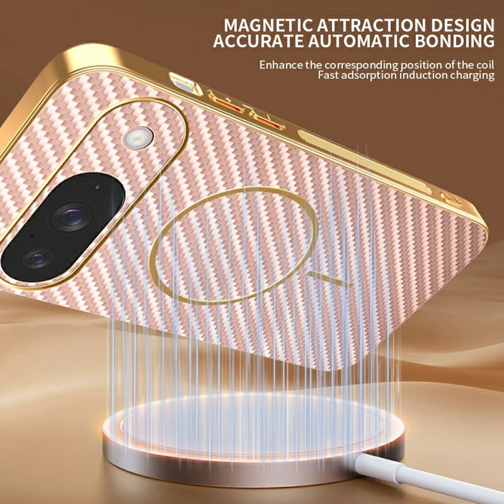 For-Google-Pixel-9-Phone-Case-Carbon-Fiber-Textured-Electroplated-TPU-Back-Cover-Rose-Gold