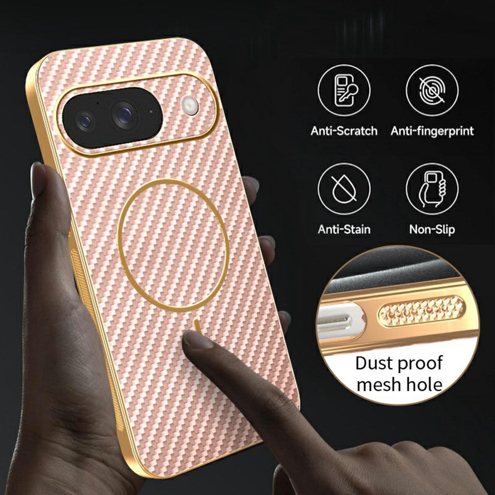 For-Google-Pixel-9-Phone-Case-Carbon-Fiber-Textured-Electroplated-TPU-Back-Cover-Rose-Gold