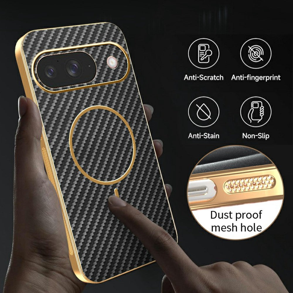 For-Google-Pixel-9-Phone-Case-Carbon-Fiber-Textured-Electroplated-TPU-Back-Cover-Black