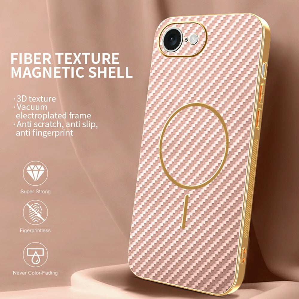 For-iPhone-16e-Phone-Case-Carbon-Fiber-Textured-Electroplated-TPU-Back-Cover-Pink