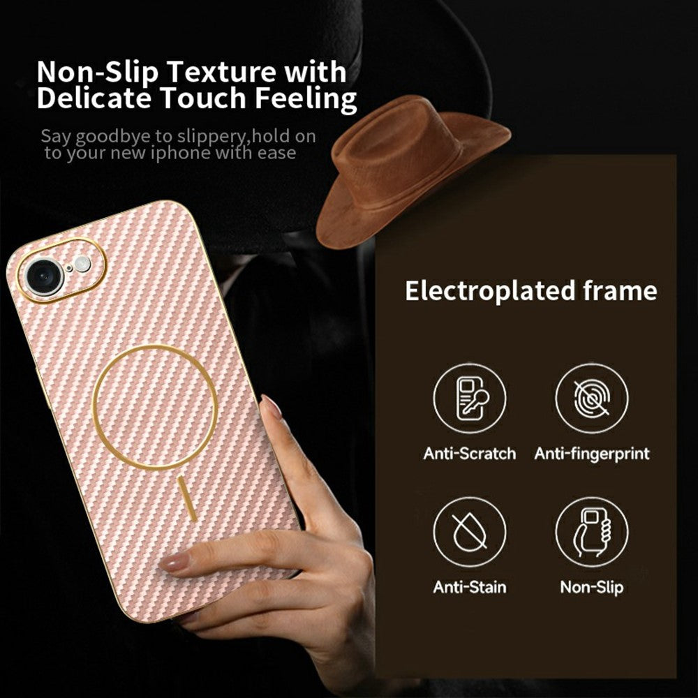 For-iPhone-16e-Phone-Case-Carbon-Fiber-Textured-Electroplated-TPU-Back-Cover-Pink