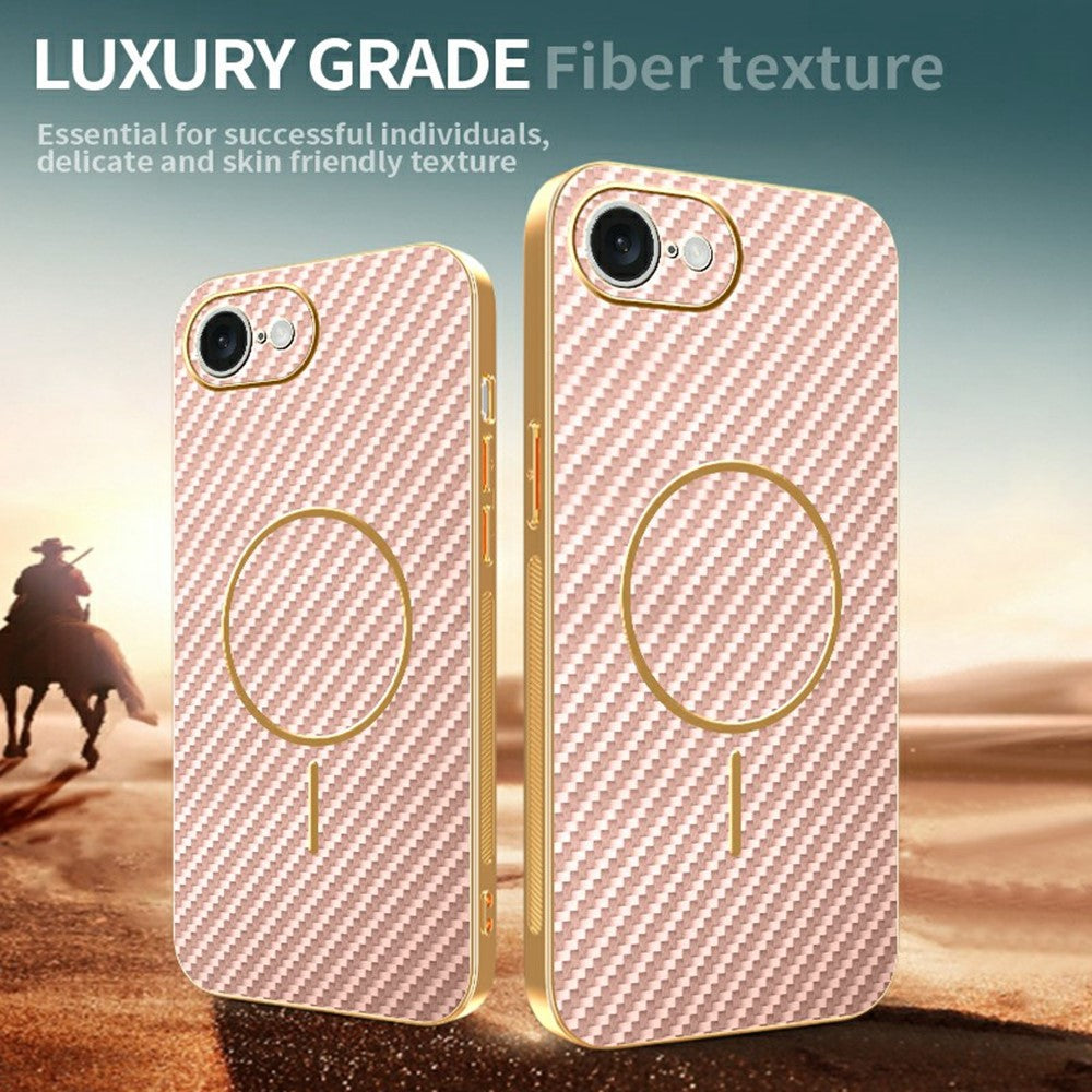 For-iPhone-16e-Phone-Case-Carbon-Fiber-Textured-Electroplated-TPU-Back-Cover-Pink