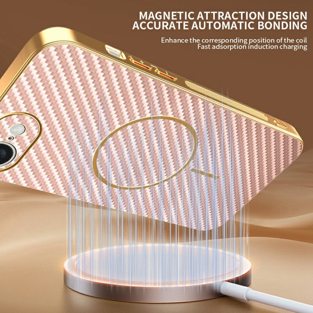 For-iPhone-16e-Phone-Case-Carbon-Fiber-Textured-Electroplated-TPU-Back-Cover-Pink