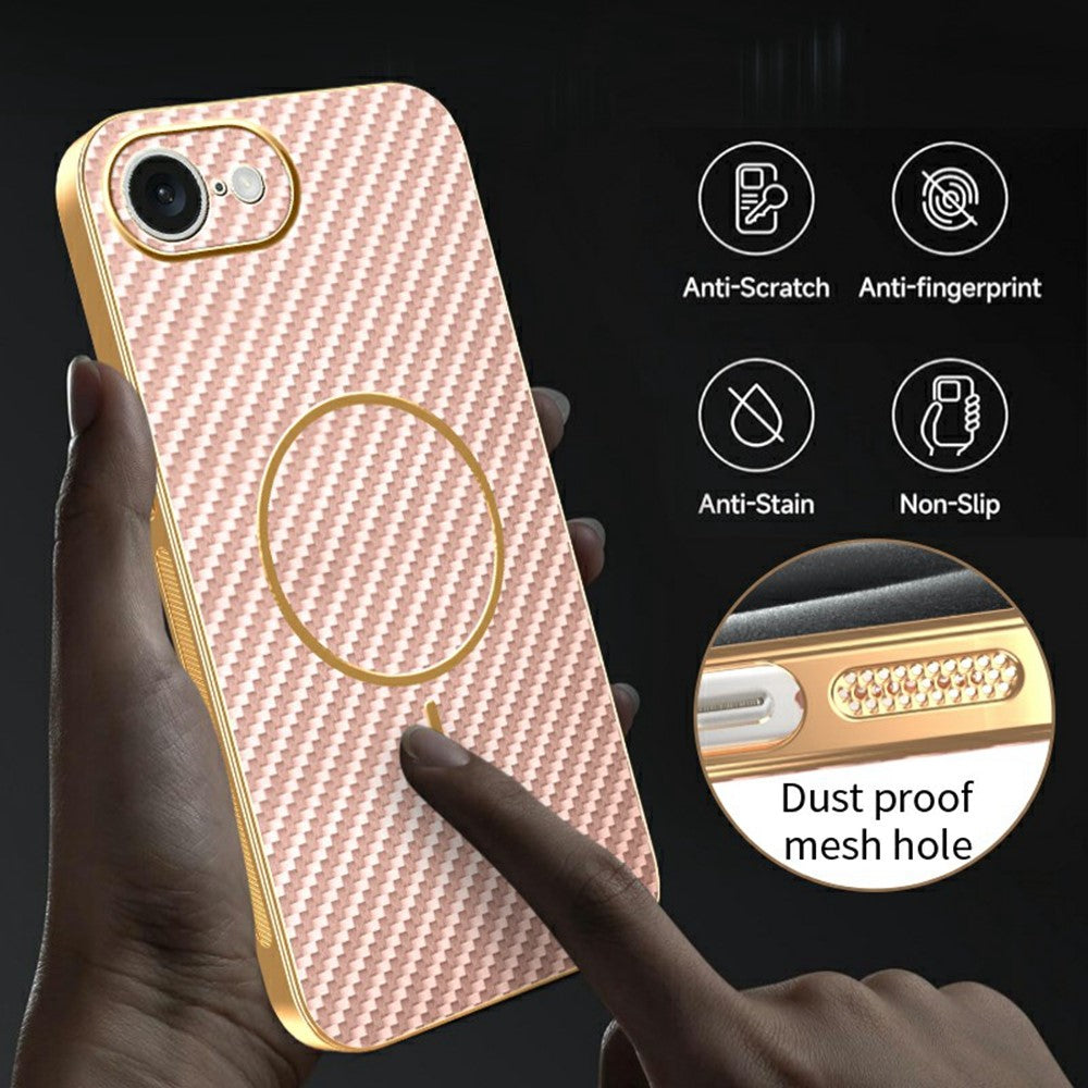 For-iPhone-16e-Phone-Case-Carbon-Fiber-Textured-Electroplated-TPU-Back-Cover-Pink