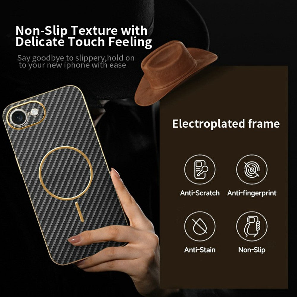 For-iPhone-16e-Phone-Case-Carbon-Fiber-Textured-Electroplated-TPU-Back-Cover-Black