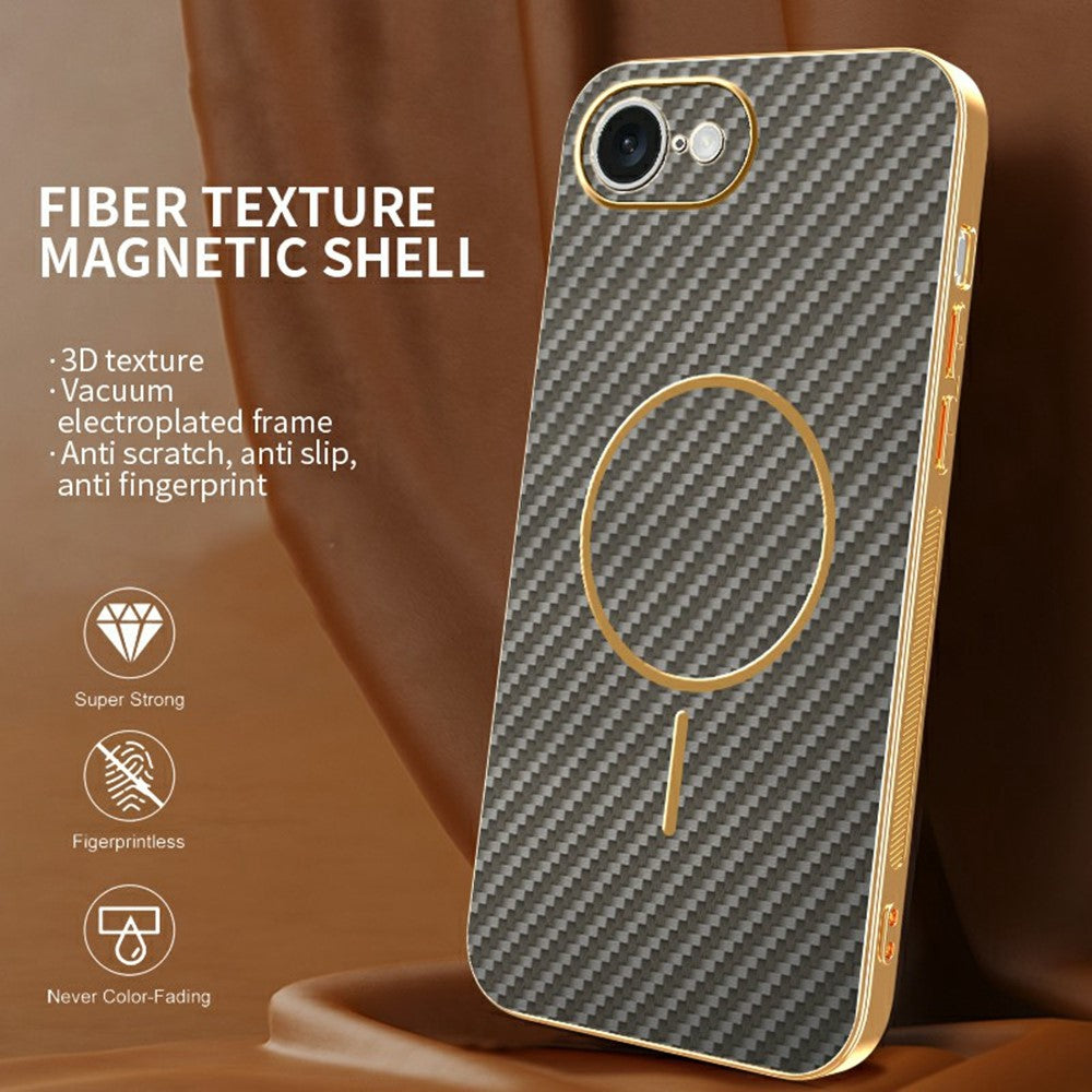 For-iPhone-16e-Phone-Case-Carbon-Fiber-Textured-Electroplated-TPU-Back-Cover-Coffee