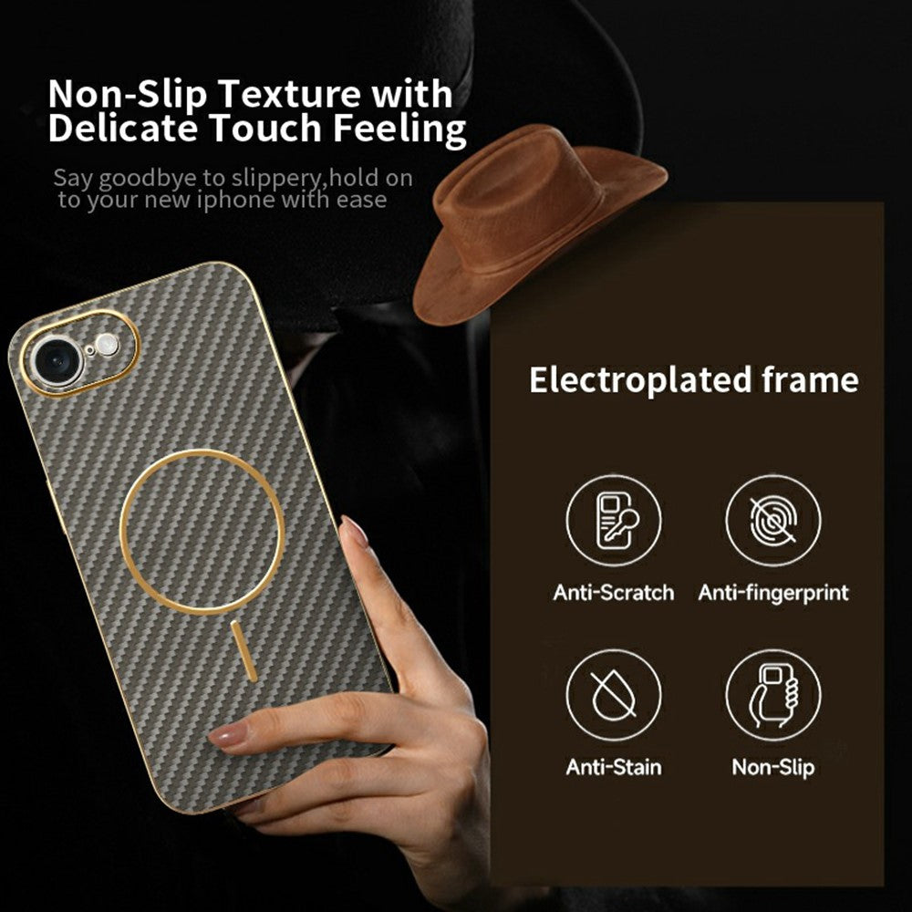 For-iPhone-16e-Phone-Case-Carbon-Fiber-Textured-Electroplated-TPU-Back-Cover-Coffee