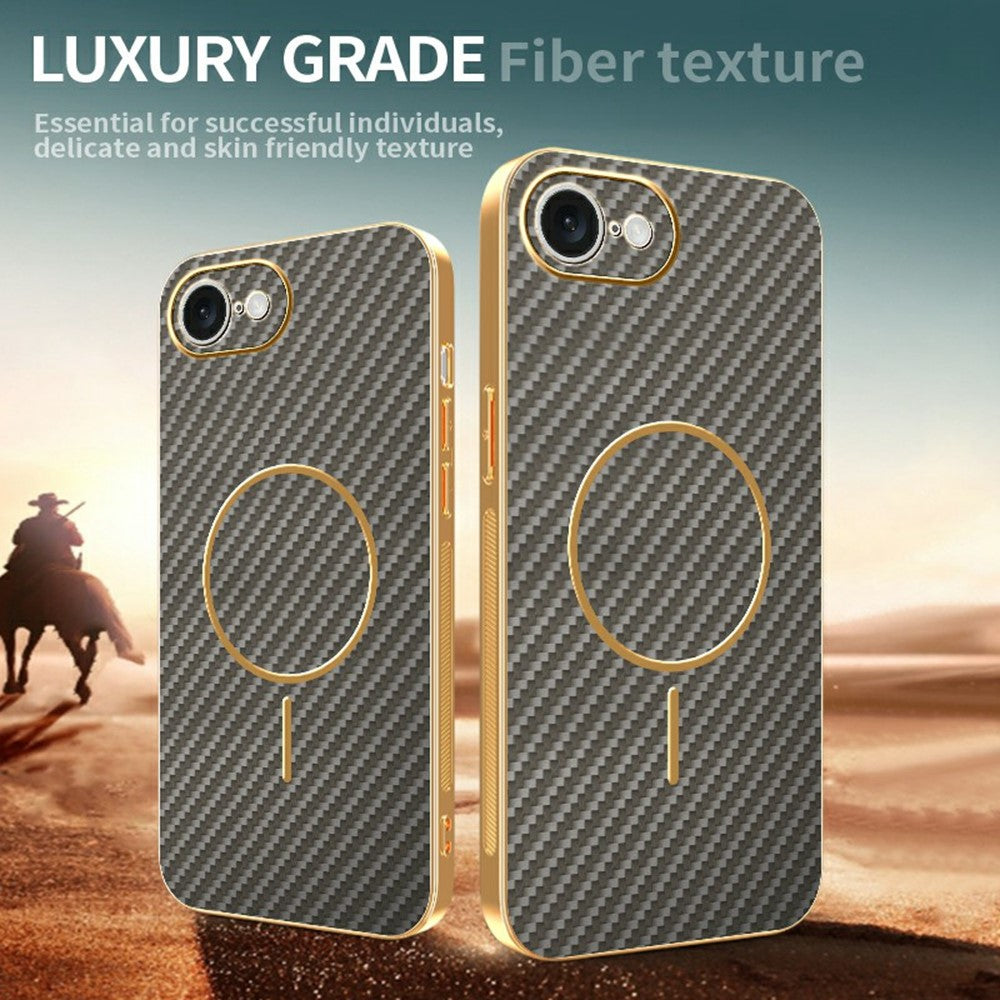For-iPhone-16e-Phone-Case-Carbon-Fiber-Textured-Electroplated-TPU-Back-Cover-Coffee