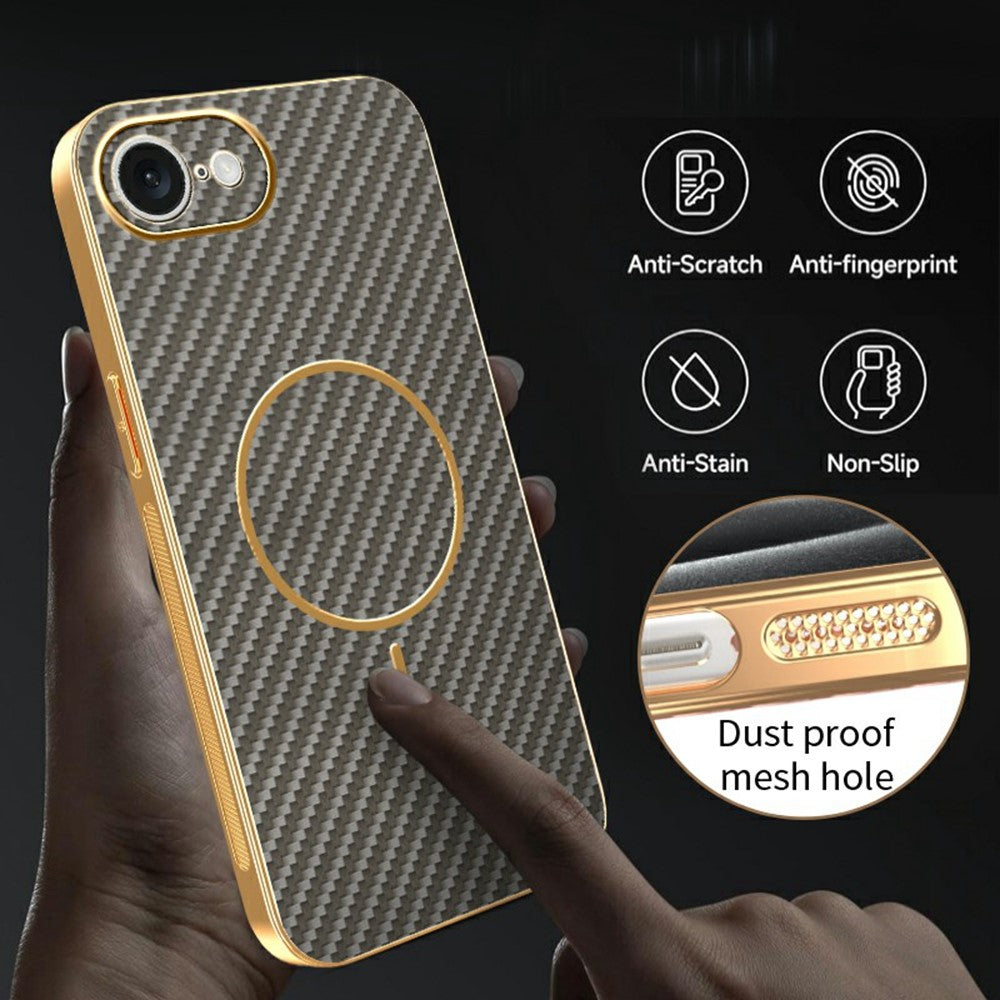 For-iPhone-16e-Phone-Case-Carbon-Fiber-Textured-Electroplated-TPU-Back-Cover-Coffee