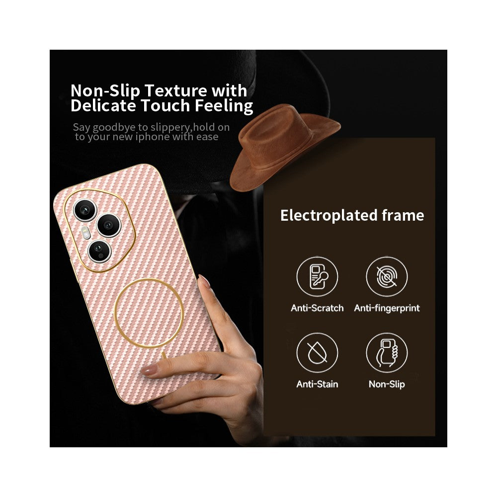 For-Honor-400-Pro-5G-(Global)-Phone-Case-Carbon-Fiber-Textured-Electroplated-TPU-Back-Cover-Pink