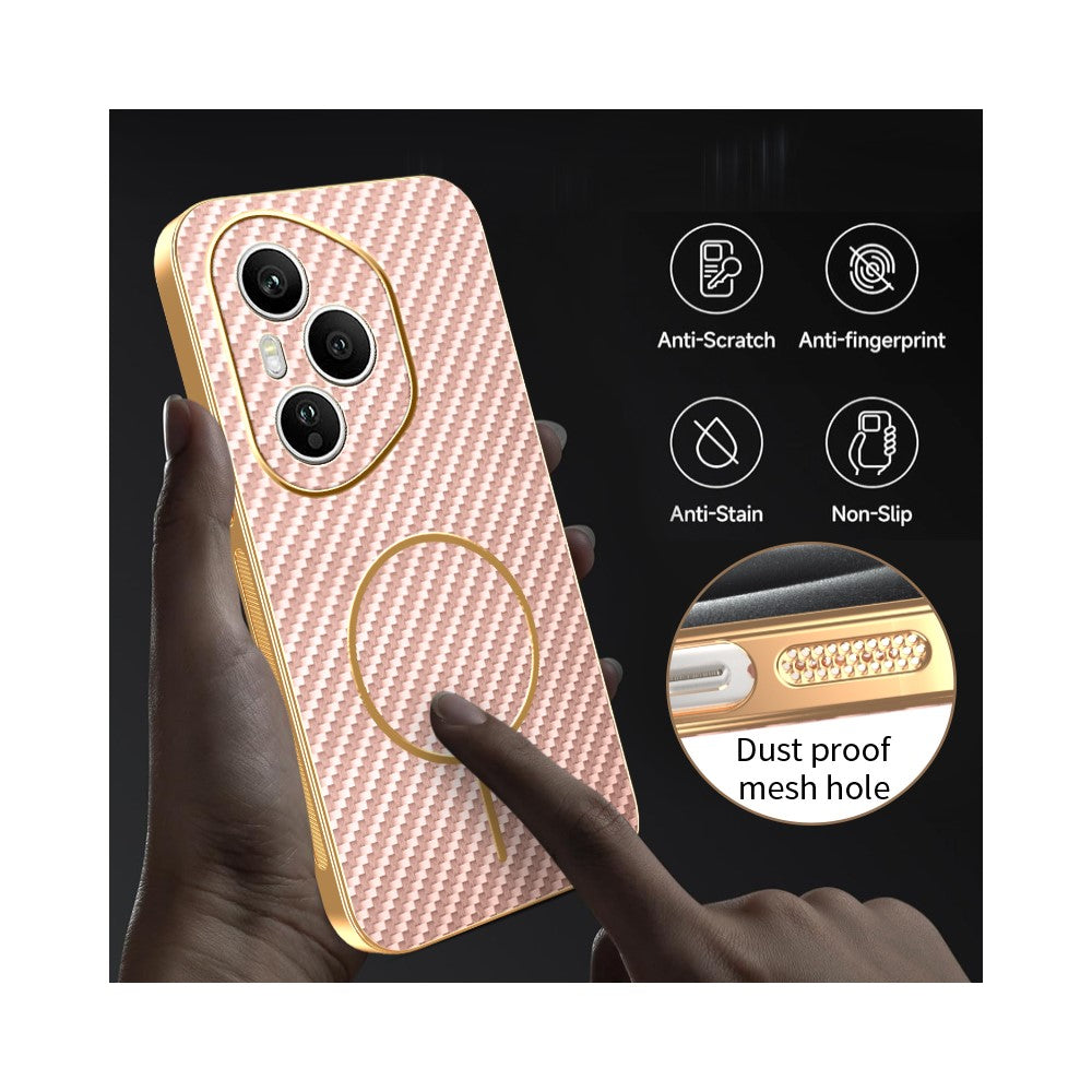 For-Honor-400-Pro-5G-(Global)-Phone-Case-Carbon-Fiber-Textured-Electroplated-TPU-Back-Cover-Pink