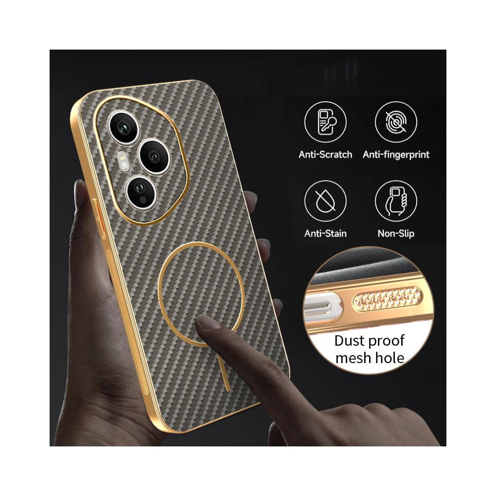 For-Honor-400-Pro-5G-(Global)-Phone-Case-Carbon-Fiber-Textured-Electroplated-TPU-Back-Cover-Coffee