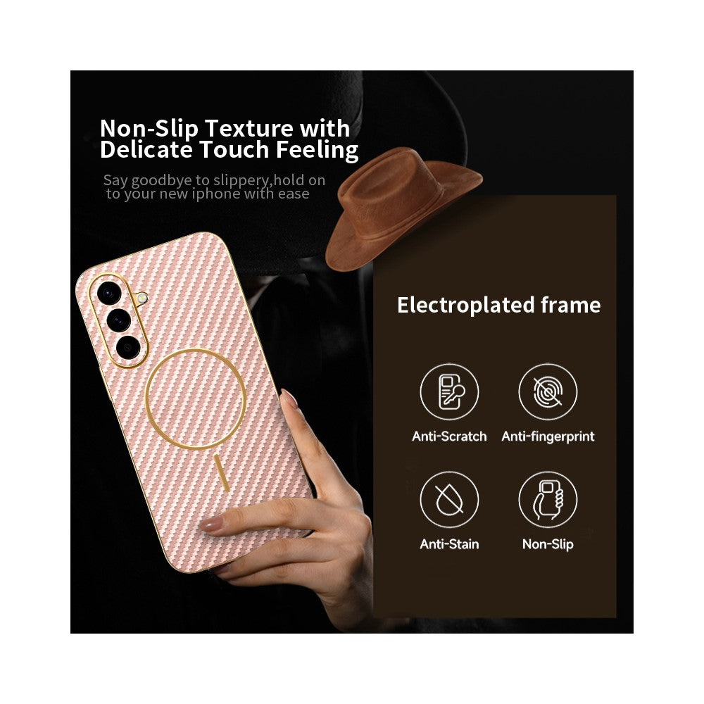 For-Samsung-Galaxy-A56-5G-Phone-Case-Carbon-Fiber-Textured-Electroplated-TPU-Back-Cover-Pink