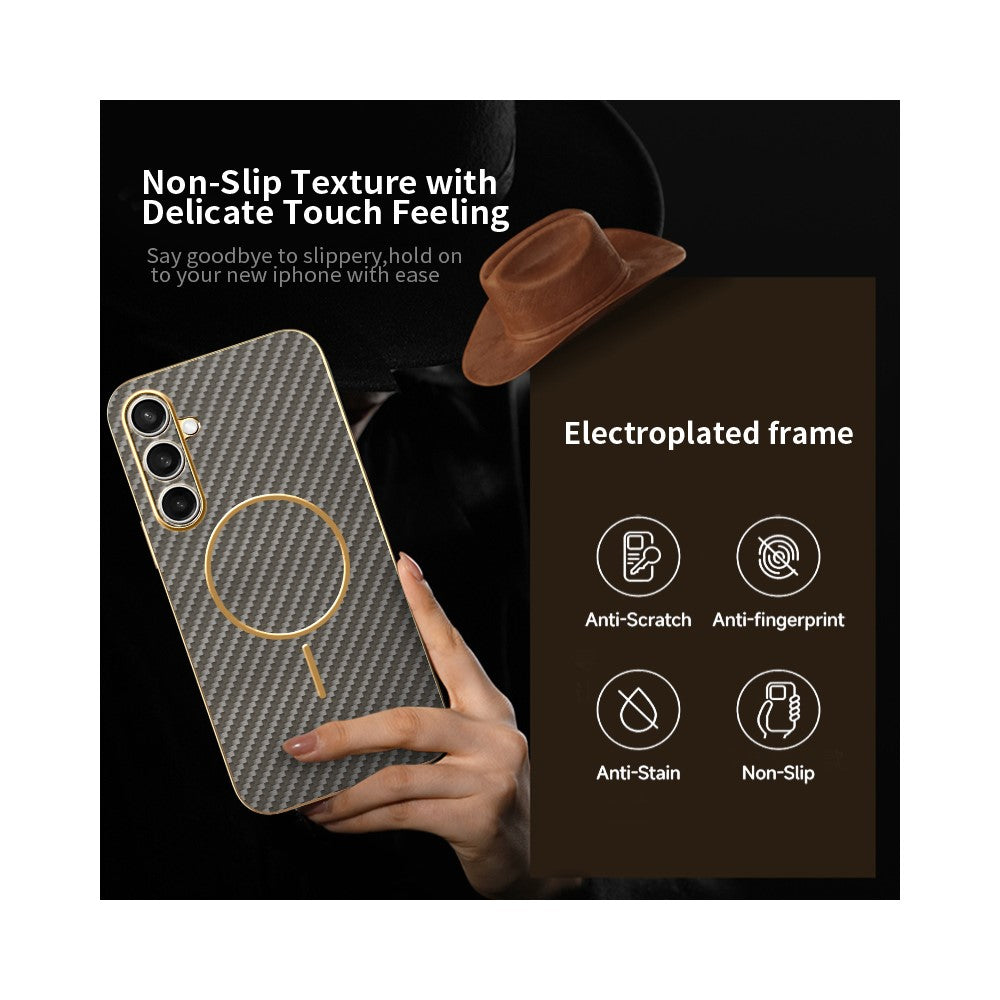 For-Samsung-Galaxy-S25-FE-Phone-Case-Carbon-Fiber-Textured-Electroplated-TPU-Back-Cover-Coffee