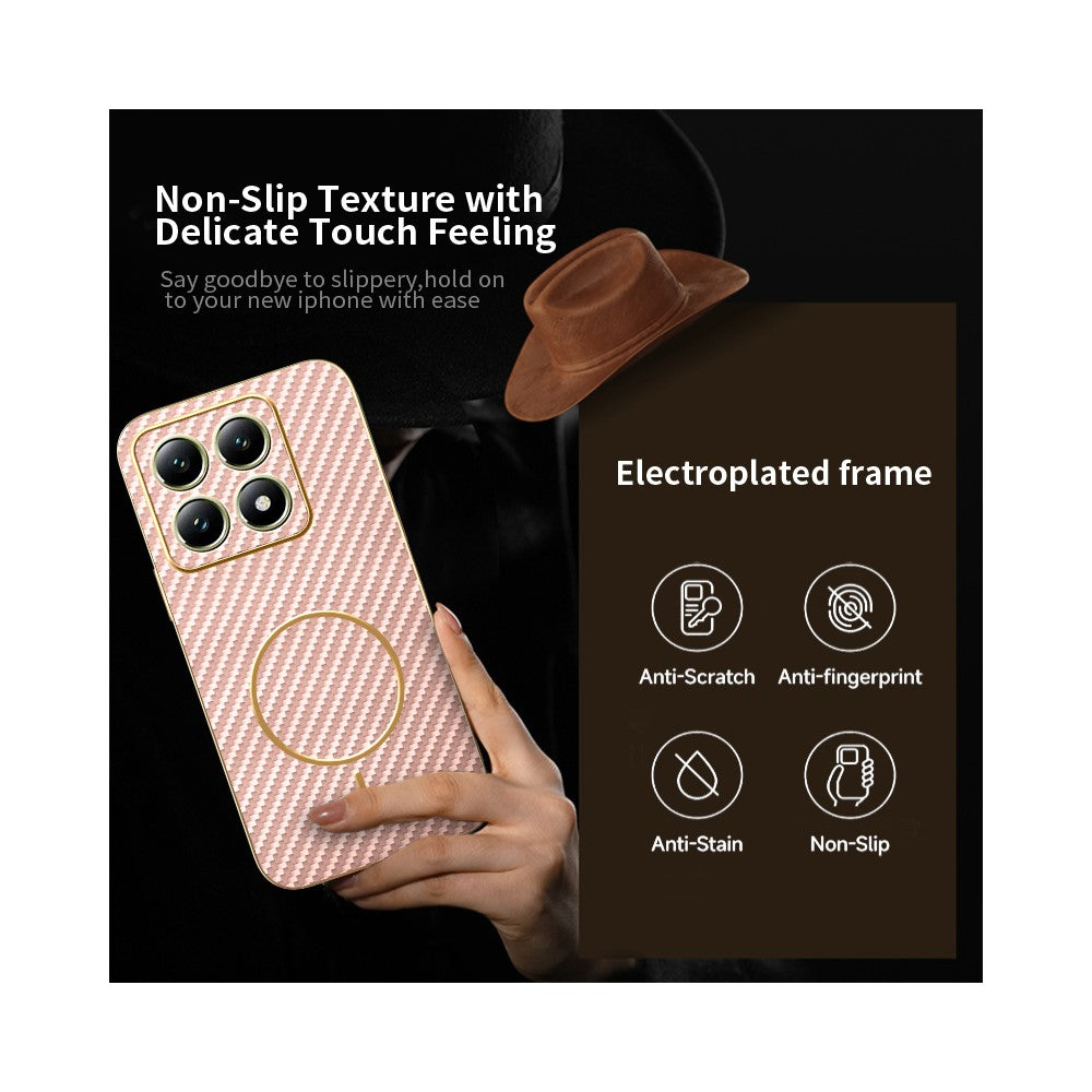 For-Xiaomi-14T-Phone-Case-Carbon-Fiber-Textured-Electroplated-TPU-Back-Cover-Pink