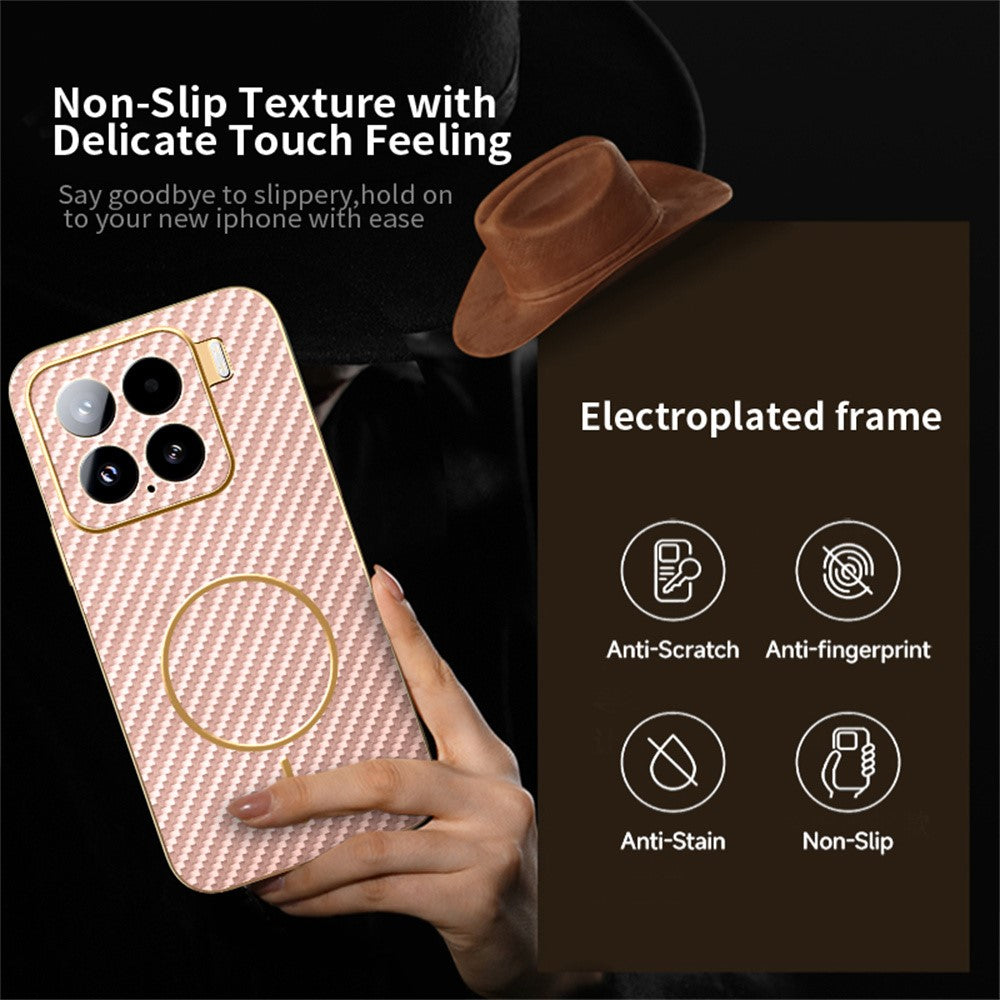 For-Xiaomi-15-Phone-Case-Carbon-Fiber-Textured-Electroplated-TPU-Back-Cover-Pink