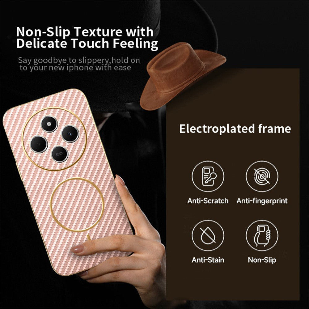 Phone-Case-For-Xiaomi-Redmi-14C-4G-/-14R-5G-/-A4-5G-/-Poco-C75-4G-Carbon-Fiber-Textured-Electroplated-TPU-Back-Cover-Pink