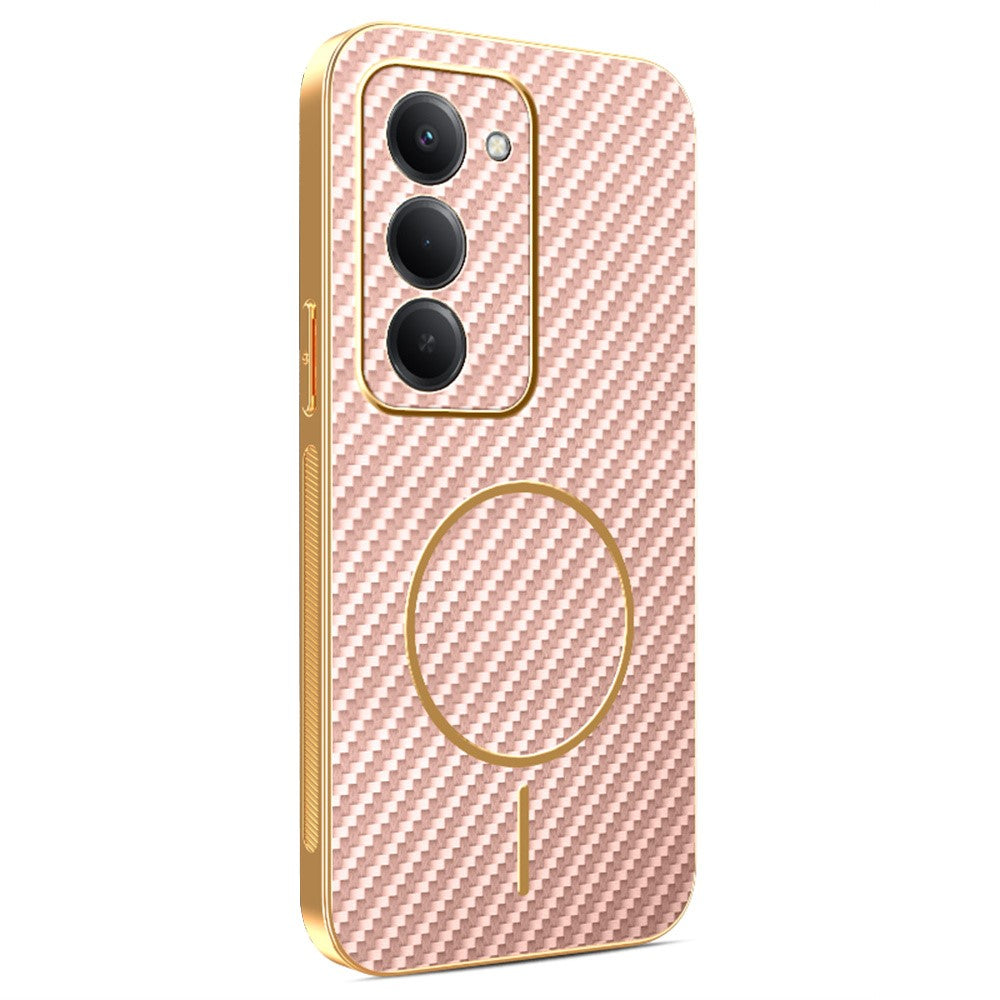 For-Xiaomi-Redmi-15-4G-(EU)-(171mm)-Phone-Case-Carbon-Fiber-Textured-Electroplated-TPU-Back-Cover-Pink