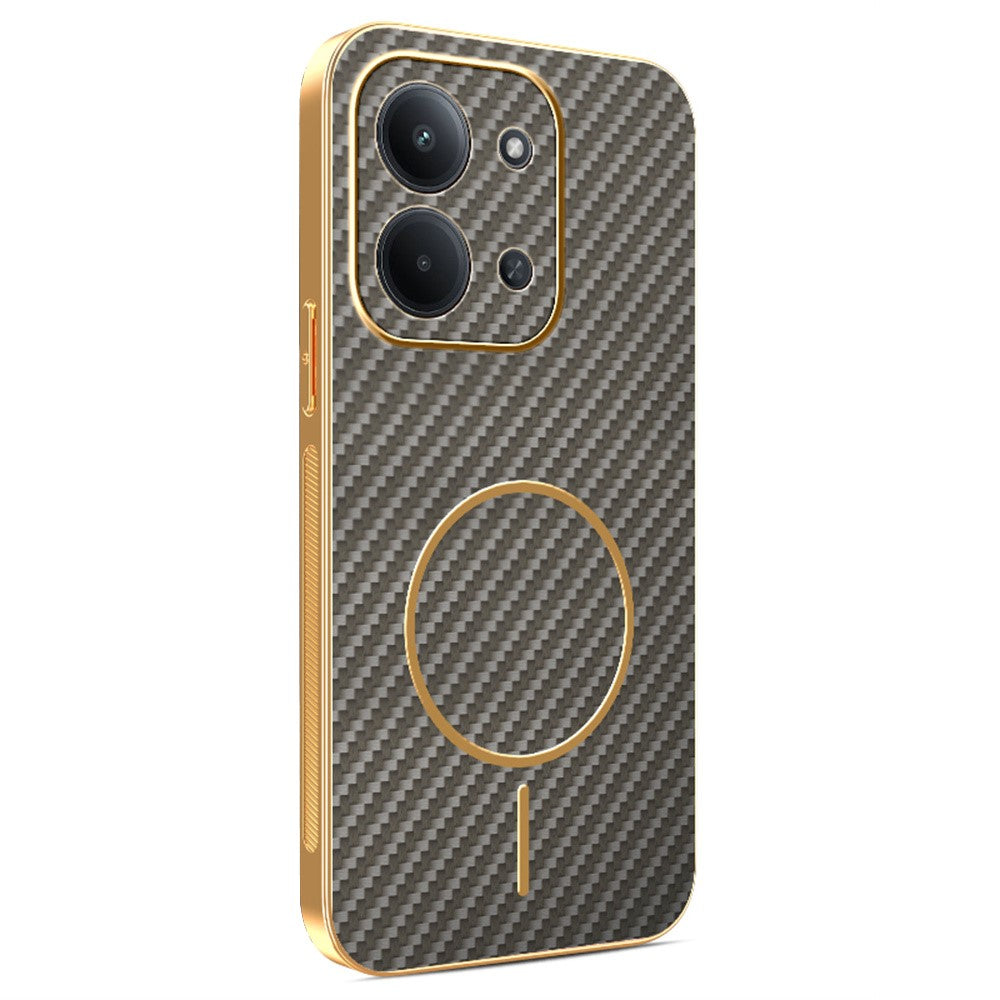 Phone-Case-For-Xiaomi-Redmi-15C-4G-(EU)-(173mm)-/-15C-5G-(EU)-(173mm)-/-Poco-C85-4G-(173mm)-Carbon-Fiber-Textured-Electroplated-TPU-Back-Cover-Coffee