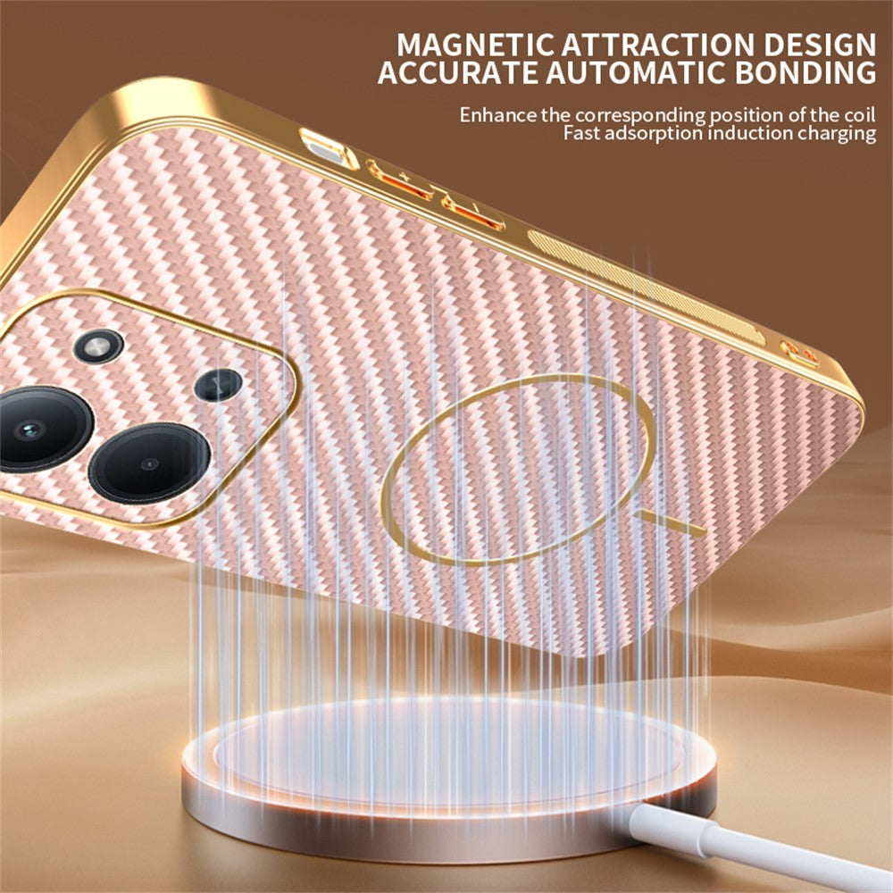 Phone-Case-For-Xiaomi-Redmi-15C-4G-(EU)-(173mm)-/-15C-5G-(EU)-(173mm)-/-Poco-C85-4G-(173mm)-Carbon-Fiber-Textured-Electroplated-TPU-Back-Cover-Pink