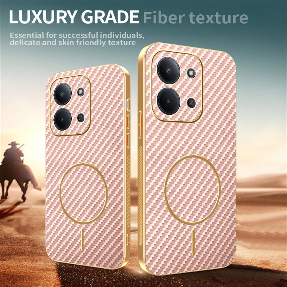 Phone-Case-For-Xiaomi-Redmi-15C-4G-(EU)-(173mm)-/-15C-5G-(EU)-(173mm)-/-Poco-C85-4G-(173mm)-Carbon-Fiber-Textured-Electroplated-TPU-Back-Cover-Pink
