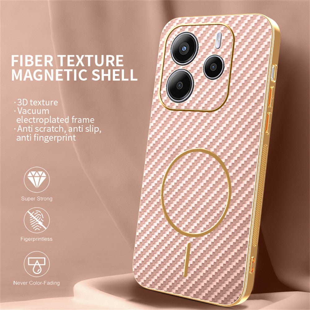 For-Xiaomi-Redmi-Note-14-4G-(164.84mm)-Phone-Case-Carbon-Fiber-Textured-Electroplated-TPU-Back-Cover-Pink