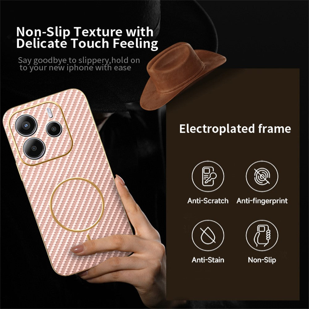 For-Xiaomi-Redmi-Note-14-4G-(164.84mm)-Phone-Case-Carbon-Fiber-Textured-Electroplated-TPU-Back-Cover-Pink