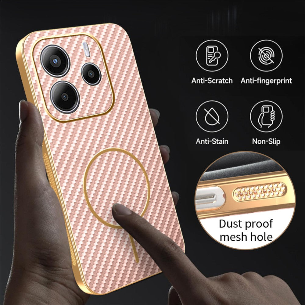 For-Xiaomi-Redmi-Note-14-4G-(164.84mm)-Phone-Case-Carbon-Fiber-Textured-Electroplated-TPU-Back-Cover-Pink
