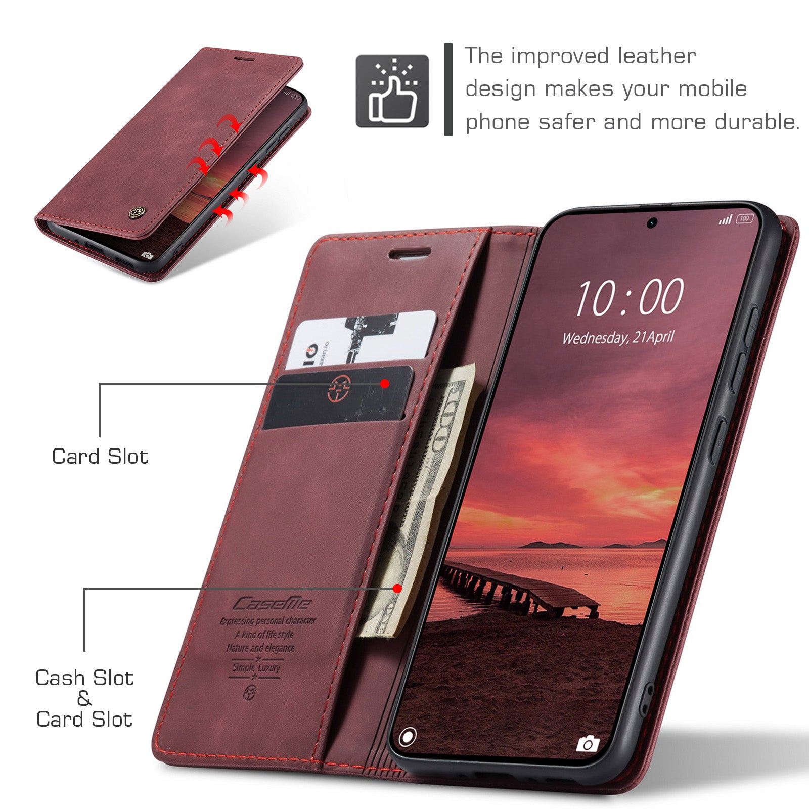 For-Xiaomi-15T-Pro-Wallet-Case-CASEME-013-Series-PU-Leather-Phone-Cover-Stand-Red