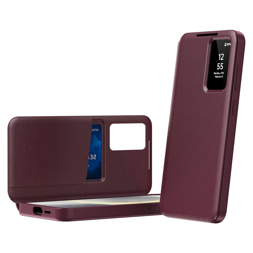 For-Samsung-Galaxy-S25-FE-Case-with-Card-Holder-Smart-View-Window-Leather-Phone-Cover-Wine-Red