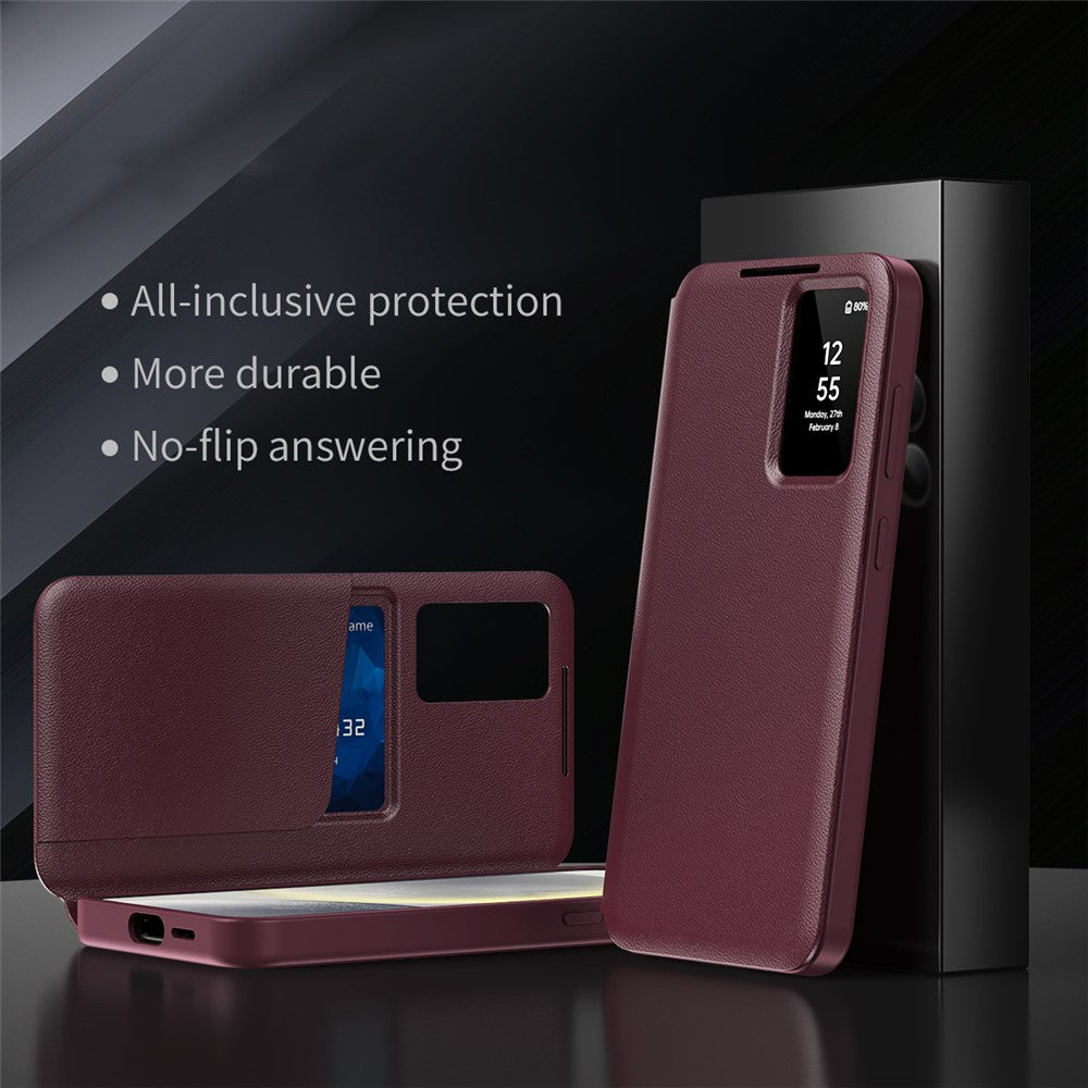 For-Samsung-Galaxy-S25-FE-Case-with-Card-Holder-Smart-View-Window-Leather-Phone-Cover-Wine-Red
