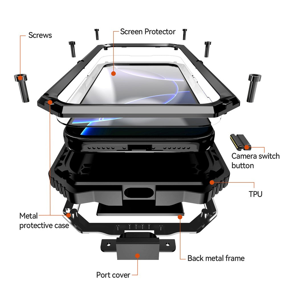 R-JUST-For-iPhone-17-Pro-Max-Case-PC-+-Silicone-+-Metal-Kickstand-Phone-Cover-with-Tempered-Glass-Film-Black
