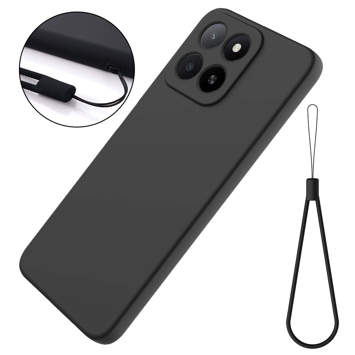 For-Honor-400-Smart-5G-/-Honor-X7d-4G-/-Honor-X7d-5G-/-Honor-400-Smart-4G-Liquid-Silicone-Case-Phone-Back-Cover-with-Hand-Strap-Black