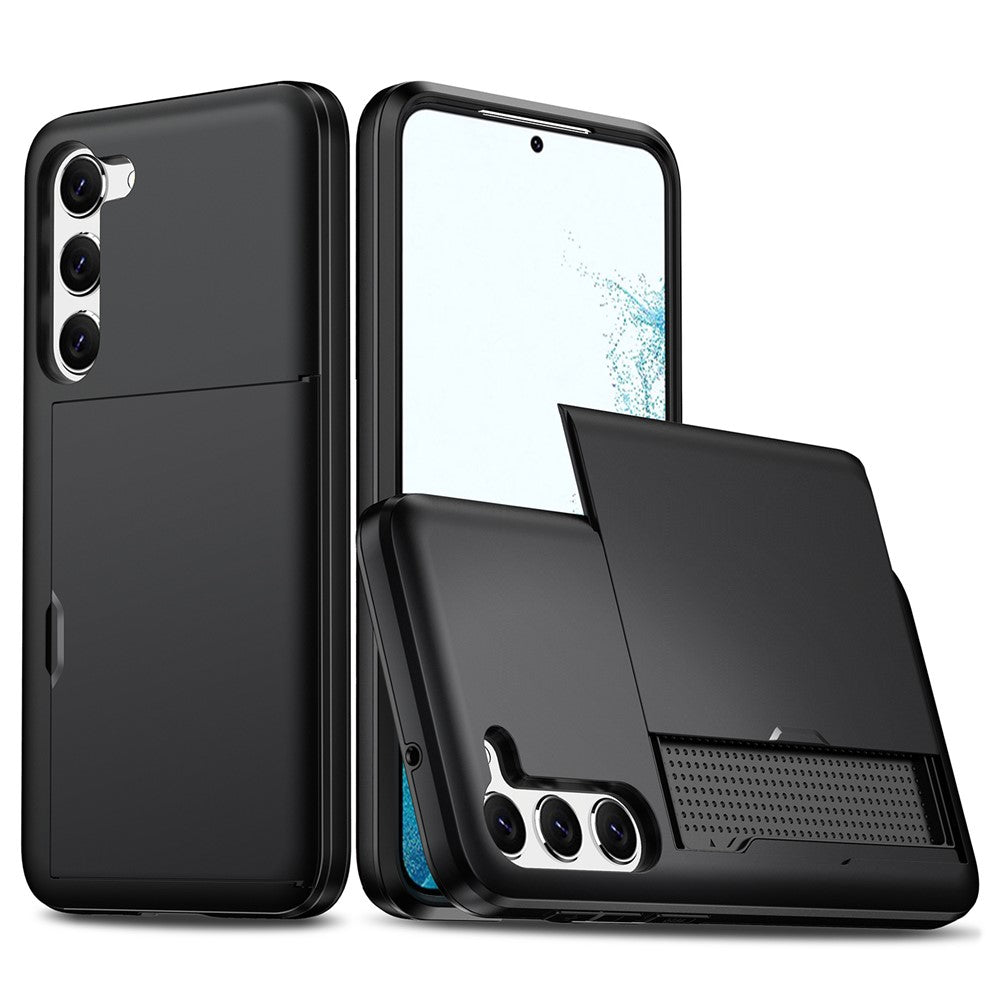 Anti-scratch-Phone-Case-for-Samsung-Galaxy-S23,-Drop-proof-TPU-+-PC-Hybrid-Back-Cover-with-Slide-Card-Holder-Black