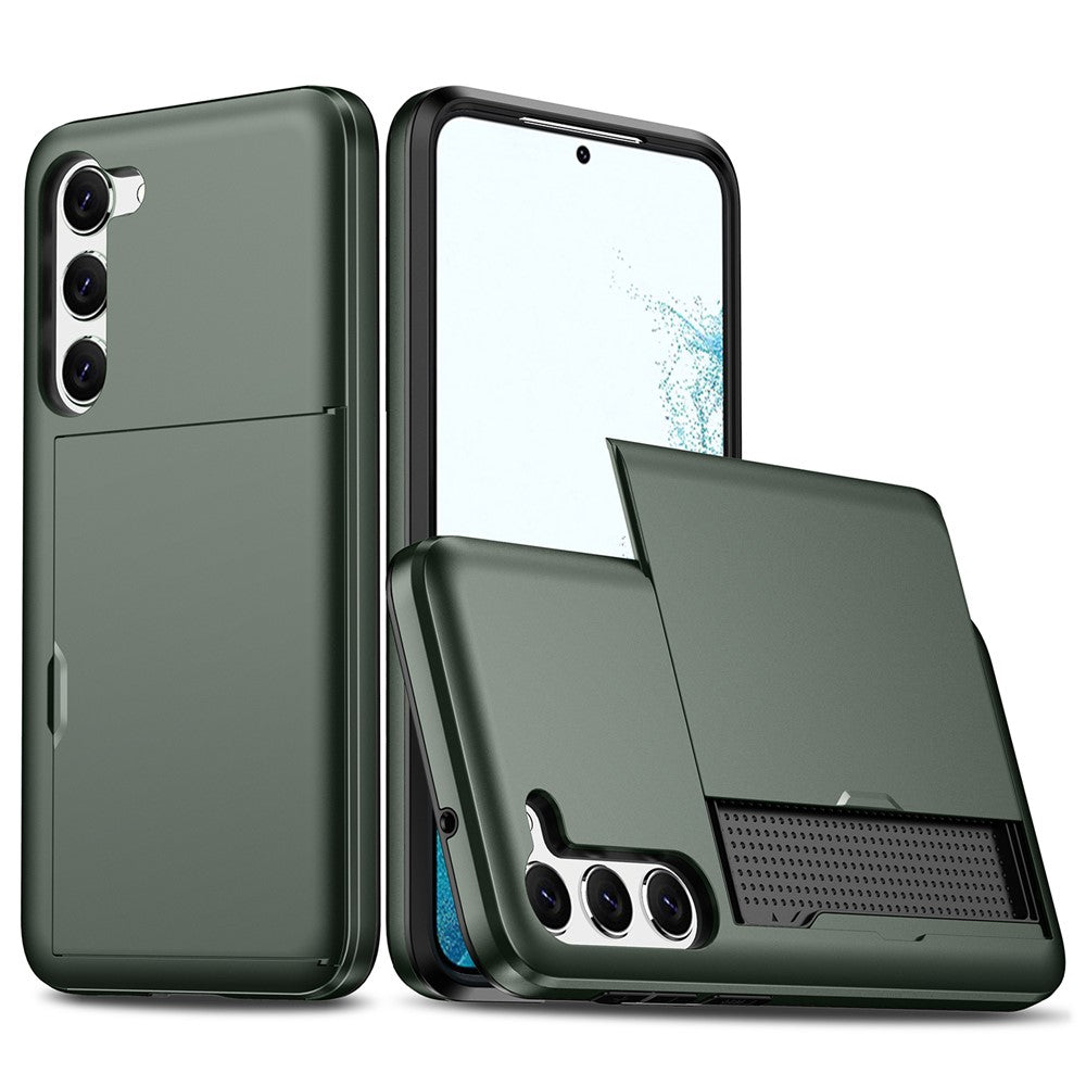 Anti-scratch-Phone-Case-for-Samsung-Galaxy-S23,-Drop-proof-TPU-+-PC-Hybrid-Back-Cover-with-Slide-Card-Holder-Army-Green