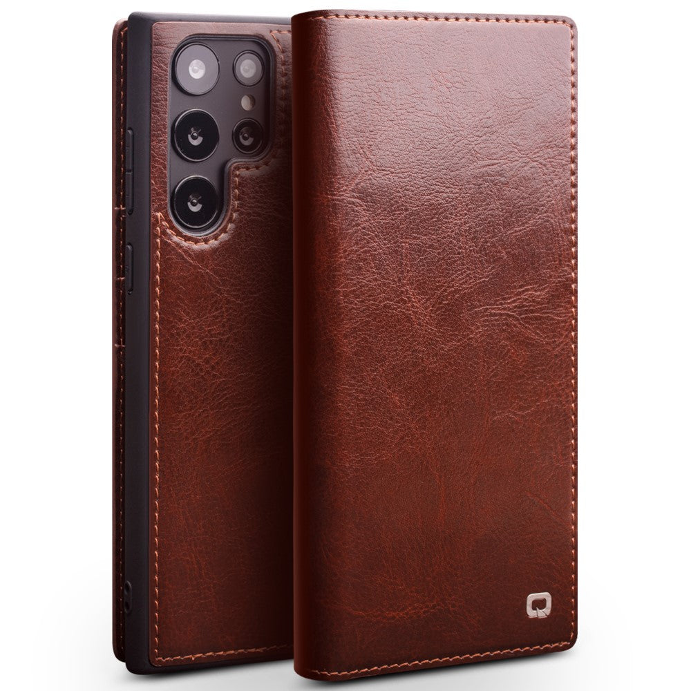 QIALINO-For-Samsung-Galaxy-S23-Ultra-Shockproof-Genuine-Leather-Phone-Case-Business-Style-Anti-Scratch-Flip-Cover-Wallet-Stand-Brown