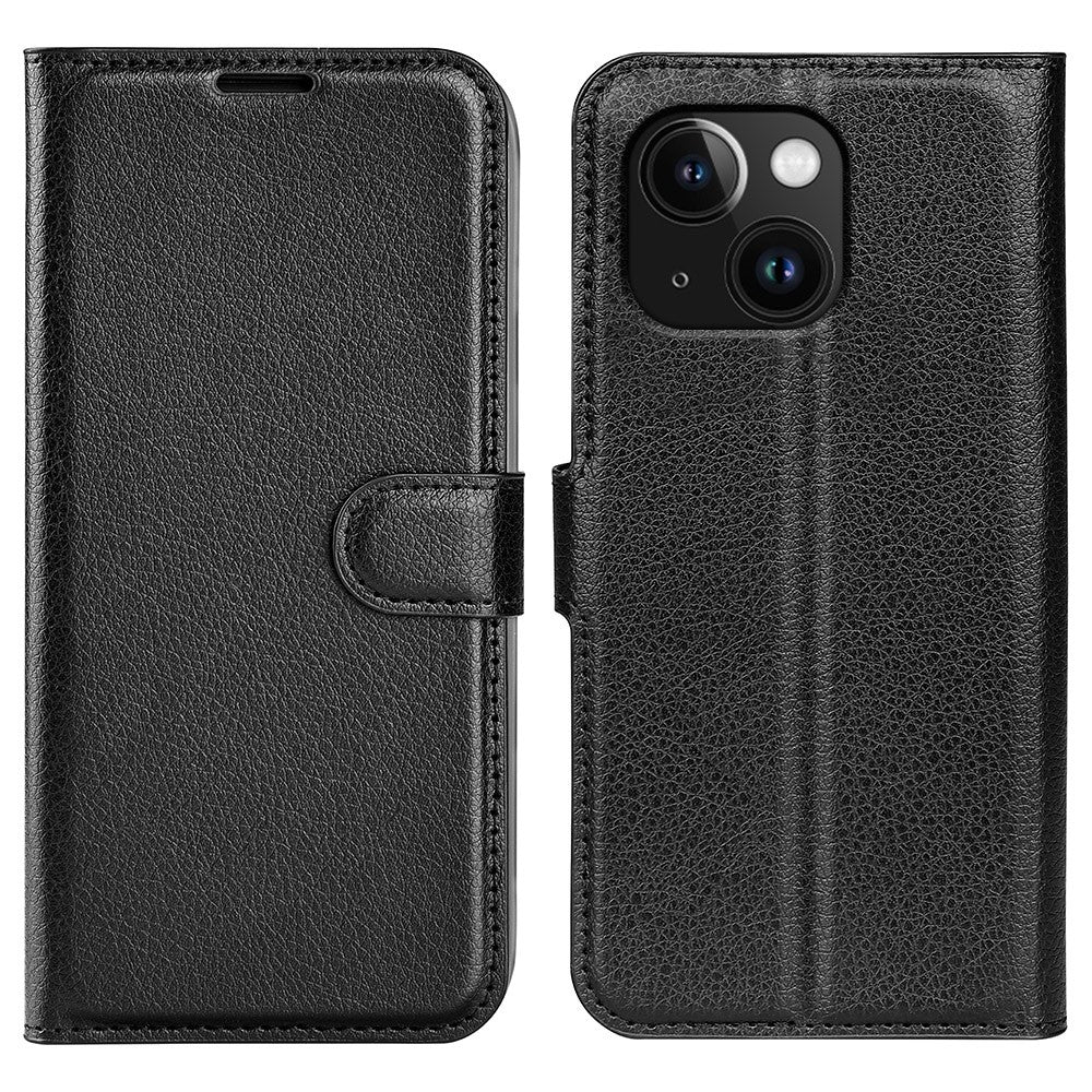 For-iPhone-15-PU-Leather-Litchi-Texture-Stand-Phone-Case-Wallet-Flip-Phone-Cover-Black